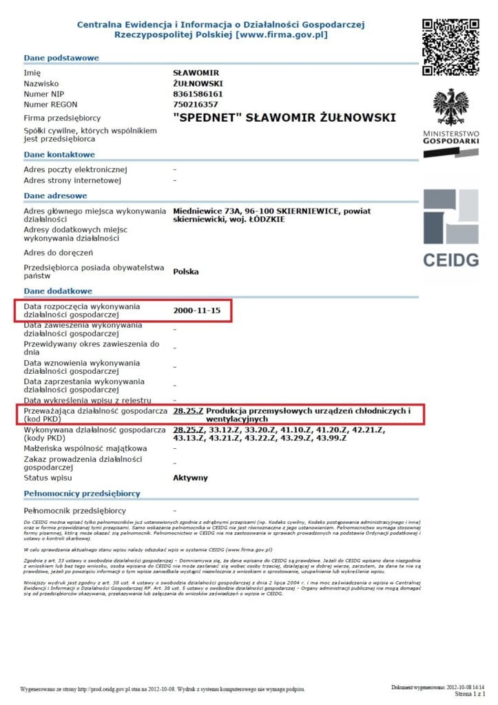 Wpis CEIDG SPEDNET z 2000r.