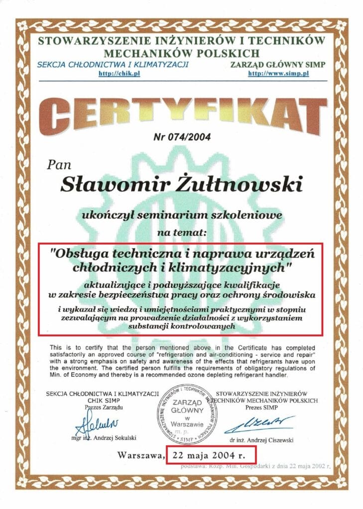 Certyfikat z 2004r - dostosowanie do wymogów prawa po wejściu Polski do UE