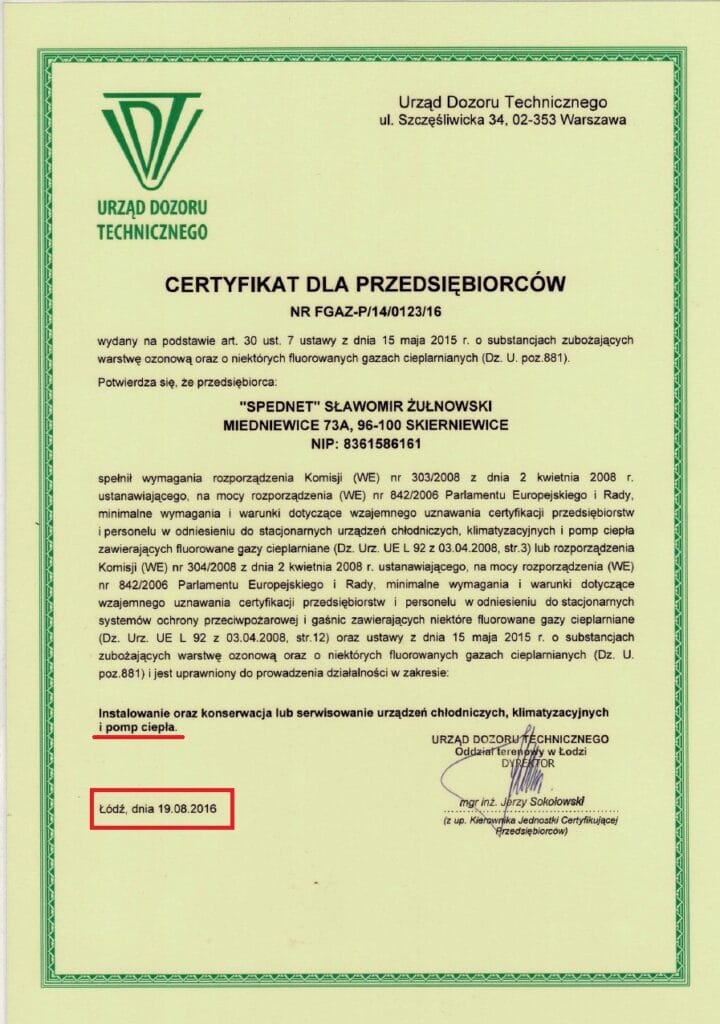 Certyfikat F-Gaz z 2016r dla firmy SPEDNET - wymagany od 2016r - dotyczy czynników chłodniczych stosowanych w pompach ciepła.