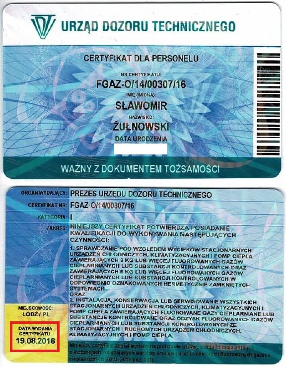 Certyfikat personalny F-Gaz z 2016r - wymagany od 2016r - dotyczy czynników chłodniczych stosowanych w pompach ciepła.