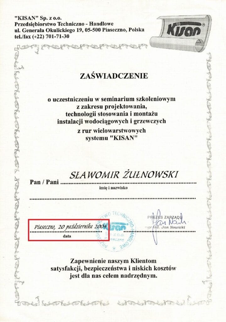 Certyfikat KISAN z 2004 roku potwierdzający ukończenie szkolenia z projektowania i montażu instalacji ogrzewania podłogowego KISAN.