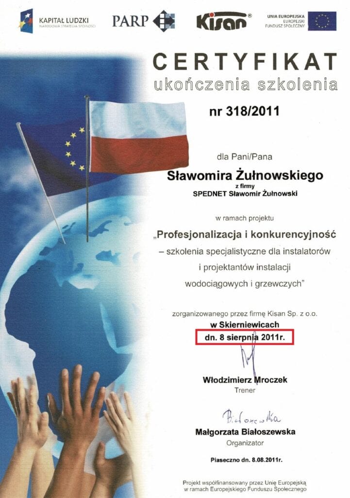 Certyfikat KISAN z 2011 roku potwierdzający ukończenie szkolenia z projektowania i montażu instalacji ogrzewania podłogowego KISAN.