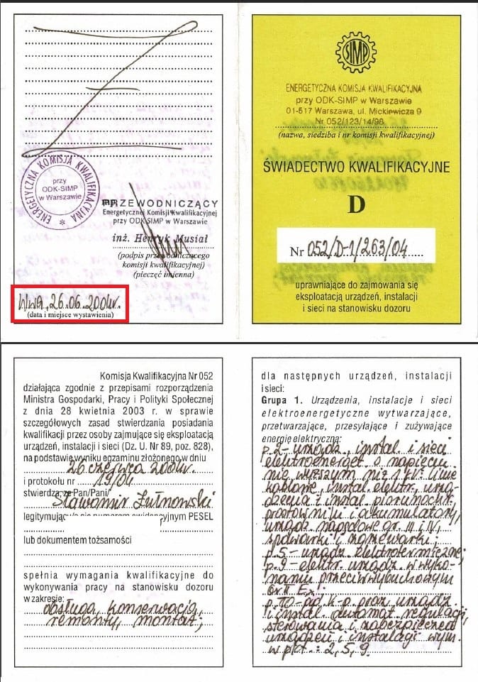 Uprawnienie SEP D1 z 2004r - Dozór instalacji elektrycznych do 1000V - obsługa, konserwacja, remont, montaż.
