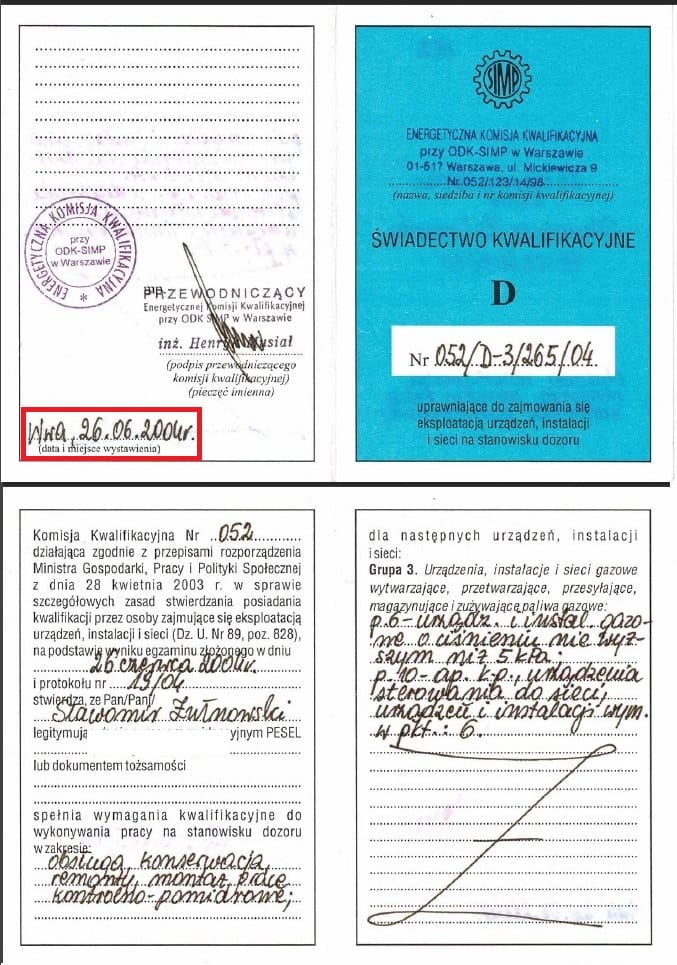 Uprawnienie SEP D3 z 2004r - Dozór instalacji gazowych - obsługa, konserwacja, remont, montaż, prace kontrolno-pomiarowe.