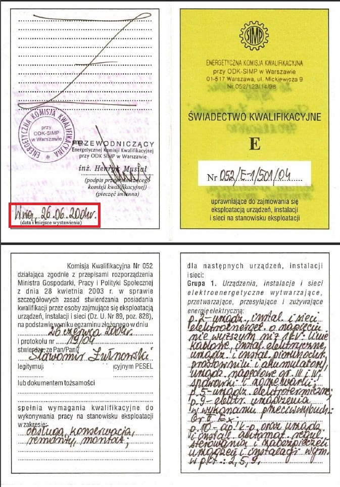 Uprawnienie SEP E1 z 2004r - Eksploatacja instalacji elektrycznych do 1000V - obsługa, konserwacja, remont, montaż.