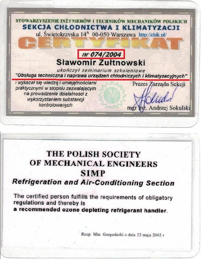 Mini certyfikat z 2004r.